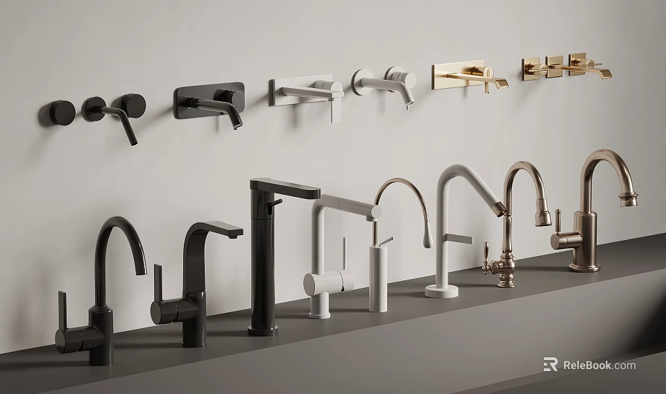 Various Modern Faucet Styles In Different Colors Displayed On Wall And Countertop 3d model 