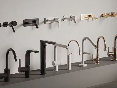 Various Modern Faucet Styles In Different Colors Displayed On Wall And Countertop 3d model