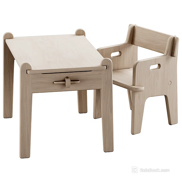 Light Wood Kids Table with Drawer and Matching Chair Simple Wooden Design 3d model 