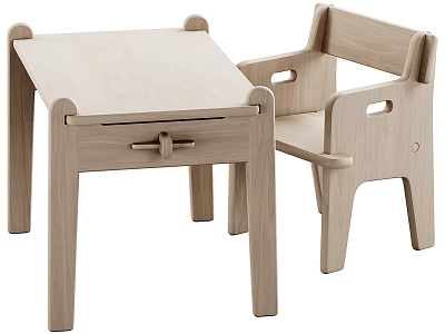 Light Wood Kids Table with Drawer and Matching Chair Simple Wooden Design 3d model