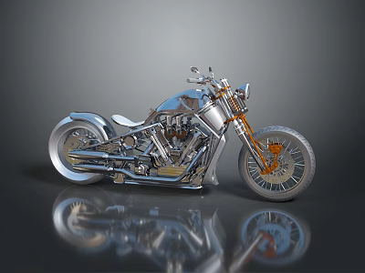 Shiny Chrome Classic Motorcycle With Orange Wheels And Metallic Reflective Design 3d model