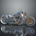 Shiny Chrome Classic Motorcycle With Orange Wheels And Metallic Reflective Design