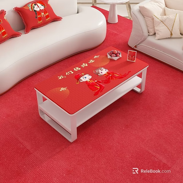 Festive Coffee Table With Red Tablecloth Cartoon Characters And Eternal Union Chinese Characters 3d model 