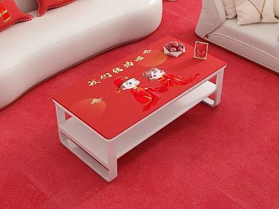 Festive Coffee Table With Red Tablecloth Cartoon Characters And Eternal Union Chinese Characters 3d model