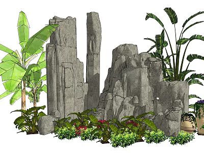 Tropical Plant Combination With Gray Stones Banana Leaf Plants And Red Flowers 3d model