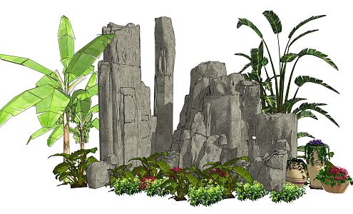 Modern rockery overlapping stone plant combination 3d model