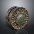 Vintage Industrial Metal Wheel Featuring Patina Green Brown Finish with Bolts and Ribbed Design