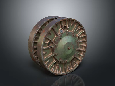Vintage Industrial Metal Wheel Featuring Patina Green Brown Finish with Bolts and Ribbed Design 3d model