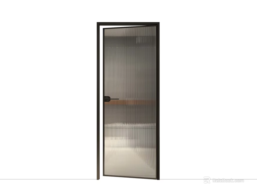 Modern Interior Door With Black Frame Vertical Striped Glass And Wooden Handle 3d model 