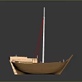 Wooden Model Boat With Open Deck White Mast Red Sail And Brown Hull