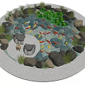 Round Garden Feature With Koi Pond Stones Green Plants And Seating Area