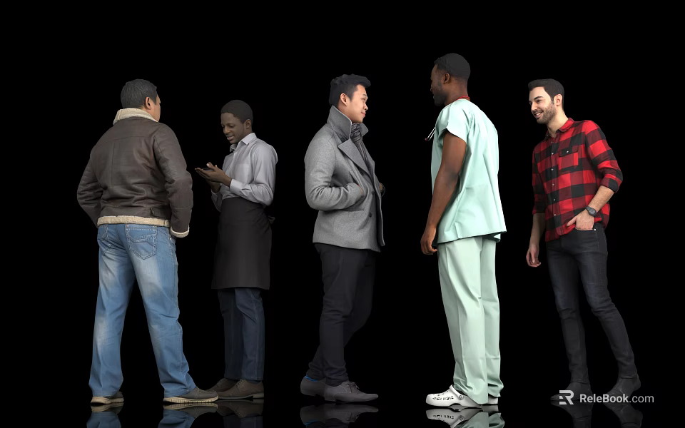 Five Men In Different Clothing Standing Together Against Black Background 3d model 