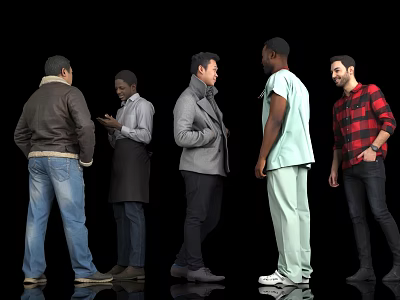 Five Men In Different Clothing Standing Together Against Black Background 3d model