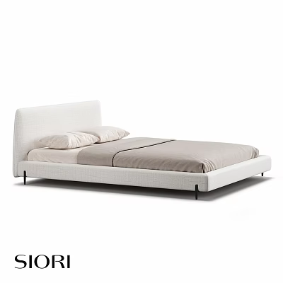 Modern Upholstered Double Bed with Beige Bedding and Minimalist Design 3d model