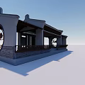 Traditional Chinese Garden Landscape With Chinese Pavilion Gray Tiles Wooden Structure And Circular Window