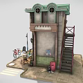 Cartoon Scene Quaint Building with Green Roof Clock Awning Street Lamp Bicycle Outdoor Table Chairs