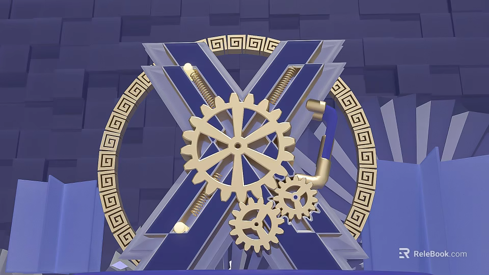 Ornate Stage Design With Blue Background Gold Gears And Greek Key Patterns 3d model 