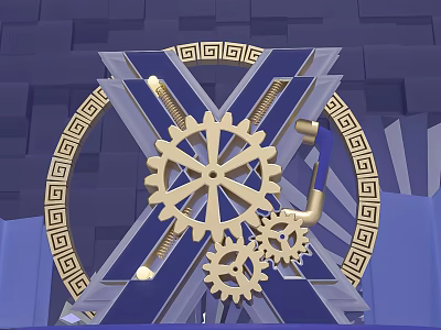 Ornate Stage Design With Blue Background Gold Gears And Greek Key Patterns 3d model
