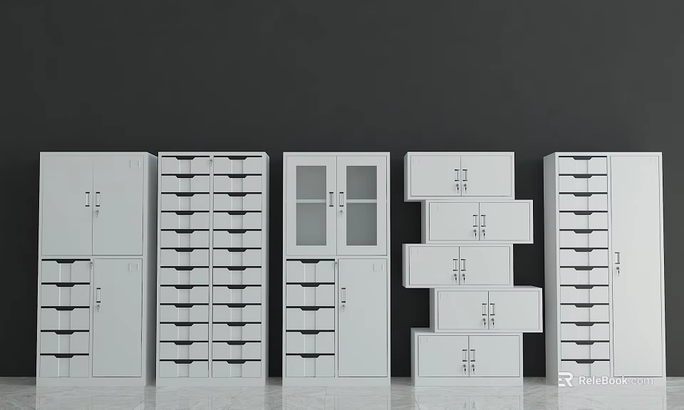 White Bookcases With Various Designs Including Glass Doors Drawers And Stacked Styles 3d model 