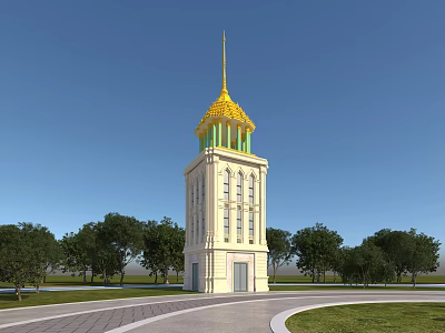Elegant Beige Tower With Golden Spire And Green Accents Surrounded By Trees And Blue Sky 3d model