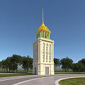 Elegant Beige Tower With Golden Spire And Green Accents Surrounded By Trees And Blue Sky