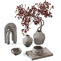 Decorative Ornament Set With Arched Decor Ceramic Vases Red Leaf Plant Glass Cups And Books