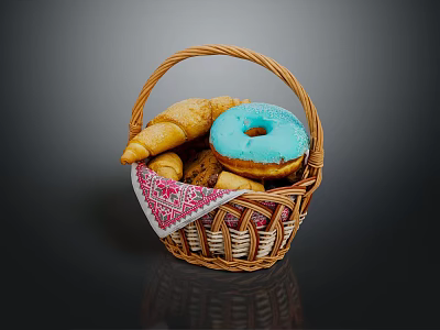 Wicker Basket Filled With Fresh Croissants Blue Frosted Donut And Patterned Cloth 3d model