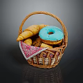 Wicker Basket Filled With Fresh Croissants Blue Frosted Donut And Patterned Cloth