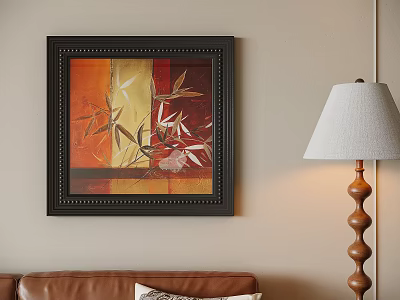 Black Framed Abstract Painting With Bamboo Leaves In Orange Yellow Living Room Wall Decor 3d model