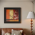 Black Framed Abstract Painting With Bamboo Leaves In Orange Yellow Living Room Wall Decor
