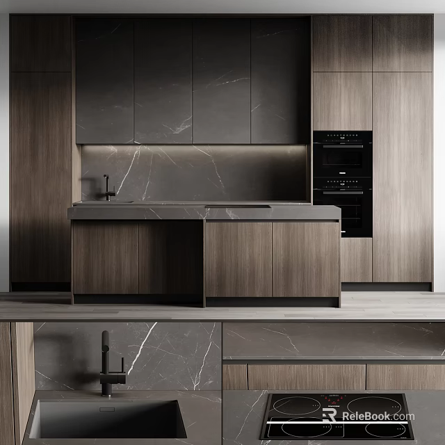 Modern Kitchen Interior With Wooden And Dark Cabinets And Marble Countertop 3d model 