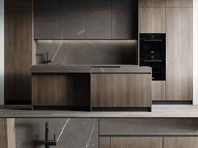 Modern Kitchen Interior With Wooden And Dark Cabinets And Marble Countertop 3d model