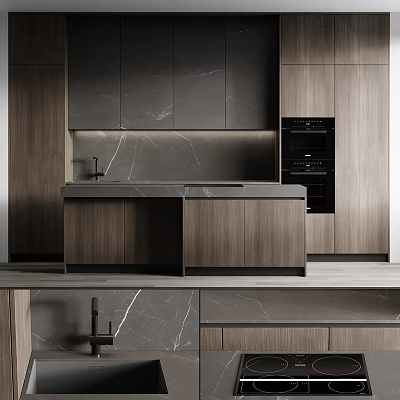 Modern Kitchen Interior With Wooden And Dark Cabinets And Marble Countertop 3d model