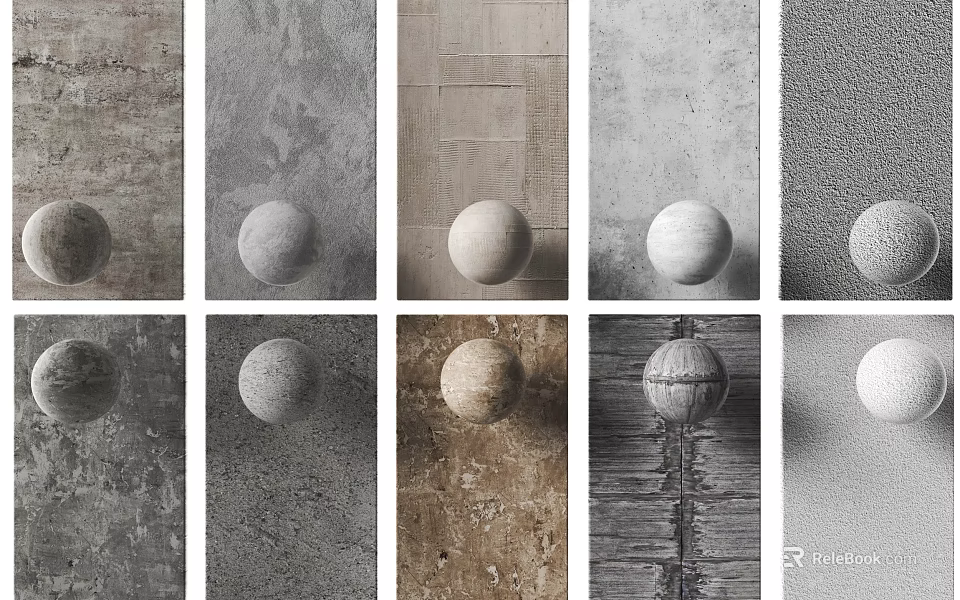 Diverse Textured Wall Designs With Decorative Spheres In Interior Spaces 3d model 