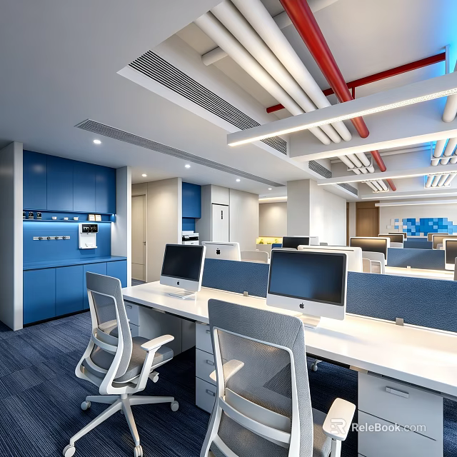 Modern Public Office Area Interior With Workstations Monitors Office Chairs And Blue Cabinets 3d model 
