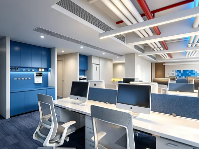 Modern Public Office Area Interior With Workstations Monitors Office Chairs And Blue Cabinets 3d model