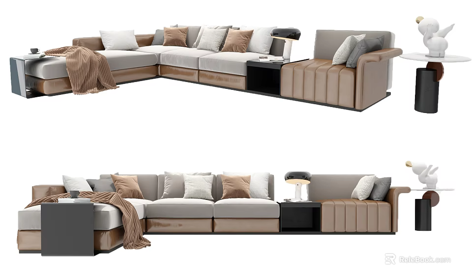 Modern Sectional Sofa With Neutral Tones Pillows Brown Throw Blanket And Side Table 3d model