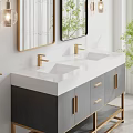 Modern Bathroom Vanity Cabinet With Gray Golden Design Double Mirrors Wall Lamps And Potted Plant