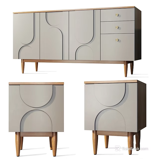 Minimalist Light Gray Storage Cabinets with Curved Doors Wooden Legs and Drawers 3d model 