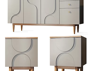 Minimalist Light Gray Storage Cabinets with Curved Doors Wooden Legs and Drawers 3d model