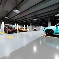 Car 4S Store Showroom with Various Colored Vehicles Arrow Signs And Bright Lighting