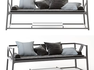 Modern Three-Seater Sofa With Gray Cushions And Metal Frame Design 3d model