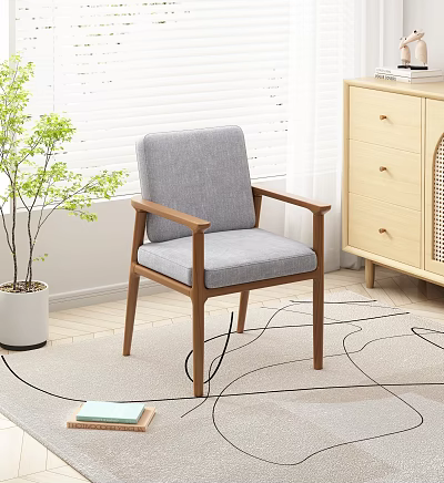 Modern Minimalist Accent Chair With Gray Cushioned Back Wooden Arms And Potted Plant 3d model