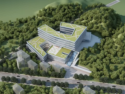 Modern Office Building With Green Roof Surrounded by Lush Trees and Scenic Mountain View 3d model