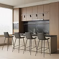 Modern Bar Counter With Gray High Stools Wooden Cabinets And Black Marble Backsplash