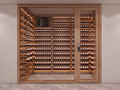 Elegant Wine Cellar Interior Design With Glass Doors Wooden Racks And Wine Bottles 3d model