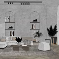 Modern Living Room Interior With Arched Niches Shelves L Shaped Sofa And Wooden Coffee Table