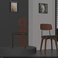 Two Modern Design Wooden Chairs On Platform With Wall Paintings And Window Blinds