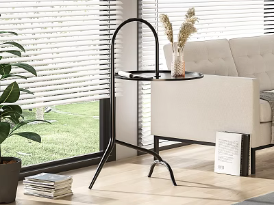 Modern Black Metal Side Table With Round Top Beige Sofa Green Plant And Window Blinds 3d model