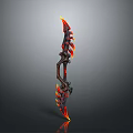 Flaming Fantasy Weapon with Intricate Red Orange Fire Decorations and Sharp Blade Design